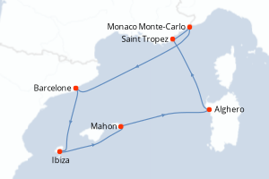Carte de l'itinéraire de croisière Barcelone-Barcelone d'une durée de 7 jours
