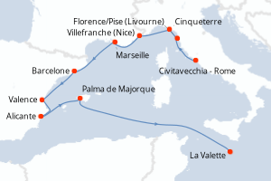 carte itinéraire croisière Méditerranée 10 jours au départ du port de Civitavecchia - Rome