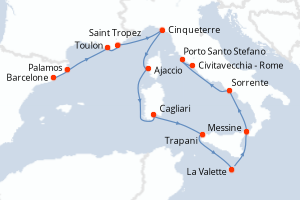 carte itinéraire croisière Sicile 12 jours au départ du port de Barcelone