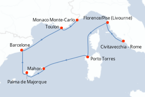 carte itinéraire croisière Sardaigne 7 jours au départ du port de Civitavecchia - Rome