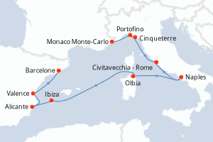carte itinéraire croisière Sardaigne 10 jours au départ du port de Monaco Monte-Carlo