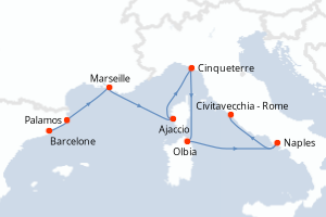 carte itinéraire croisière Sardaigne 7 jours au départ du port de Barcelone
