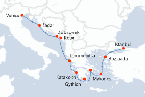 carte itinéraire croisière Méditerranée 10 jours au départ du port de Istanbul