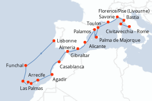 carte itinéraire croisière Atlantique 19 jours au départ du port de Civitavecchia - Rome