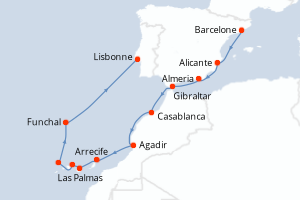 carte itinéraire croisière Atlantique 12 jours au départ du port de Barcelone