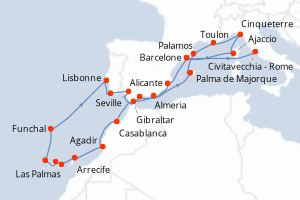 carte itinéraire croisière Méditerranée 26 jours au départ du port de Barcelone