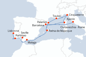 carte itinéraire croisière Méditerranée 14 jours au départ du port de Lisbonne