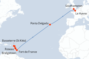 carte itinéraire croisière Transatlantique 16 jours au départ du port de Southampton