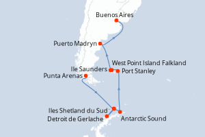 Carte de l'itinéraire de croisière Punta Arenas-Buenos Aires d'une durée de 22 jours