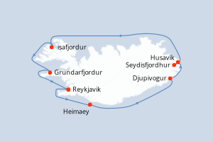 Carte de l'itinéraire de croisière Reykjavik-Grundarfjordur d'une durée de 8 jours