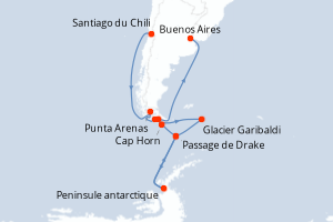 Carte de l'itinéraire de croisière Santiago du Chili-Cap Horn d'une durée de 13 jours