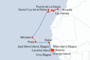 carte itinéraire croisière Atlantique 18 jours au départ du port de Dakar