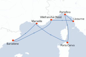 Carte itinéraire croisière Espagne, France, Italie - 7 jours au départ de Barcelone - Méditerranée