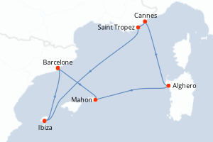 Carte de l'itinéraire de croisière Barcelone-Barcelone d'une durée de 7 jours