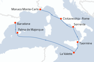 Carte de l'itinéraire de croisière Monaco Monte-Carlo-Barcelone d'une durée de 7 jours