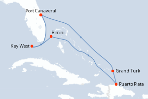 carte itinéraire croisière Caraïbes Bahamas 7 jours au départ du port de Port Canaveral