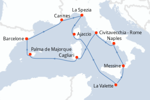 carte itinéraire croisière Sicile 12 jours au départ du port de Barcelone
