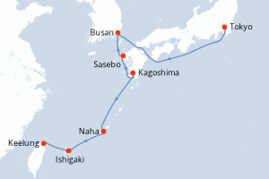 carte itinéraire croisière Asie 9 jours au départ du port de Tokyo