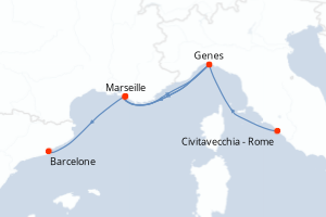 Carte de l'itinéraire de croisière Civitavecchia - Rome-Barcelone d'une durée de 5 jours