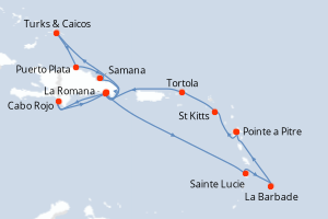 carte itinéraire croisière Caraïbes Bahamas 14 jours au départ du port de Pointe a Pitre