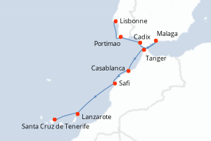 Carte de l'itinéraire de croisière Lisbonne-Santa Cruz de Tenerife d'une durée de 8 jours