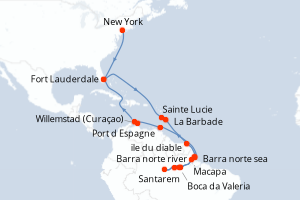 Carte de l'itinéraire de croisière New York-Fort Lauderdale d'une durée de 30 jours
