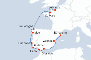 carte itinéraire croisière Méditerranée 12 jours au départ du port de Le Havre