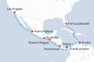 Carte de l'itinéraire de croisière Los Angeles-Fort Lauderdale d'une durée de 16 jours