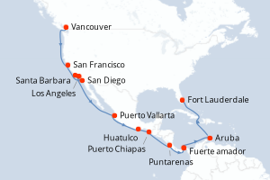 carte itinéraire croisière Transatlantique 23 jours au départ du port de Vancouver