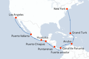 Carte de l'itinéraire de croisière New York-Los Angeles d'une durée de 18 jours