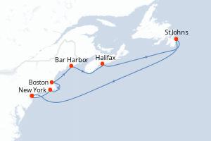 Carte de l'itinéraire de croisière New York-New York d'une durée de 7 jours