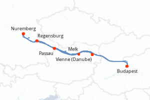 Carte de l'itinéraire de croisière Nuremberg-Budapest d'une durée de 7 jours