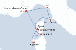 carte itinéraire croisière Sardaigne 7 jours au départ du port de Nice