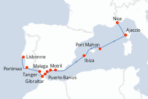 carte itinéraire croisière Atlantique 13 jours au départ du port de Nice