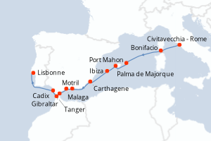 carte itinéraire croisière Atlantique 13 jours au départ du port de Civitavecchia - Rome