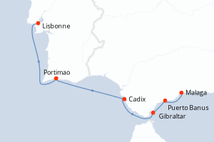 Carte de l'itinéraire de croisière Lisbonne-Malaga d'une durée de 5 jours