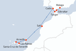 Carte de l'itinéraire de croisière Malaga-Las Palmas d'une durée de 9 jours