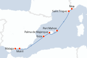 Carte de l'itinéraire de croisière Malaga-Nice d'une durée de 8 jours
