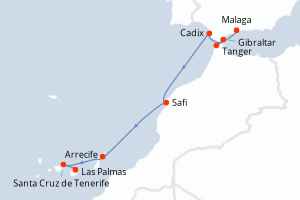 Carte de l'itinéraire de croisière Malaga-Las Palmas d'une durée de 9 jours