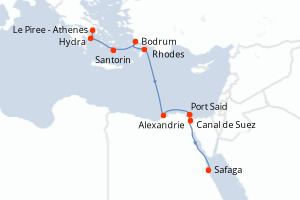carte itinéraire croisière Mer Rouge Océan Indien 10 jours au départ du port de Le Piree - Athenes