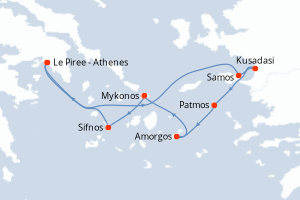 Carte de l'itinéraire de croisière Le Piree - Athenes-Le Piree - Athenes d'une durée de 7 jours