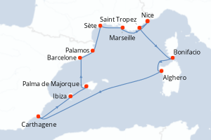 Carte de l'itinéraire de croisière Nice-Nice d'une durée de 12 jours