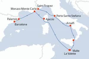 Carte de l'itinéraire de croisière Monaco Monte-Carlo-Barcelone d'une durée de 10 jours