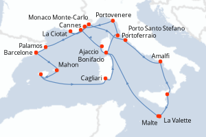 Carte de l'itinéraire de croisière Barcelone-Barcelone d'une durée de 20 jours