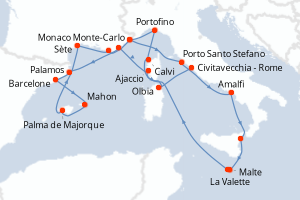 carte itinéraire croisière Sardaigne 20 jours au départ du port de Monaco Monte-Carlo