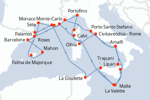 carte itinéraire croisière Sicile 30 jours au départ du port de Monaco Monte-Carlo