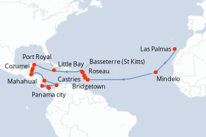 Carte de l'itinéraire de croisière Las Palmas-Panama city d'une durée de 31 jours