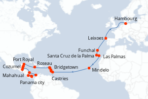 Carte de l'itinéraire de croisière Hambourg-Panama city d'une durée de 41 jours