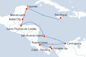Carte de l'itinéraire de croisière Port Royal-Panama city d'une durée de 15 jours