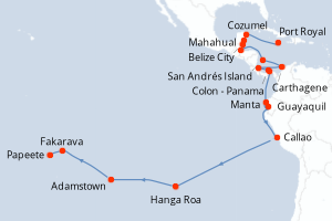 Carte de l'itinéraire de croisière Port Royal-Papeete d'une durée de 37 jours
